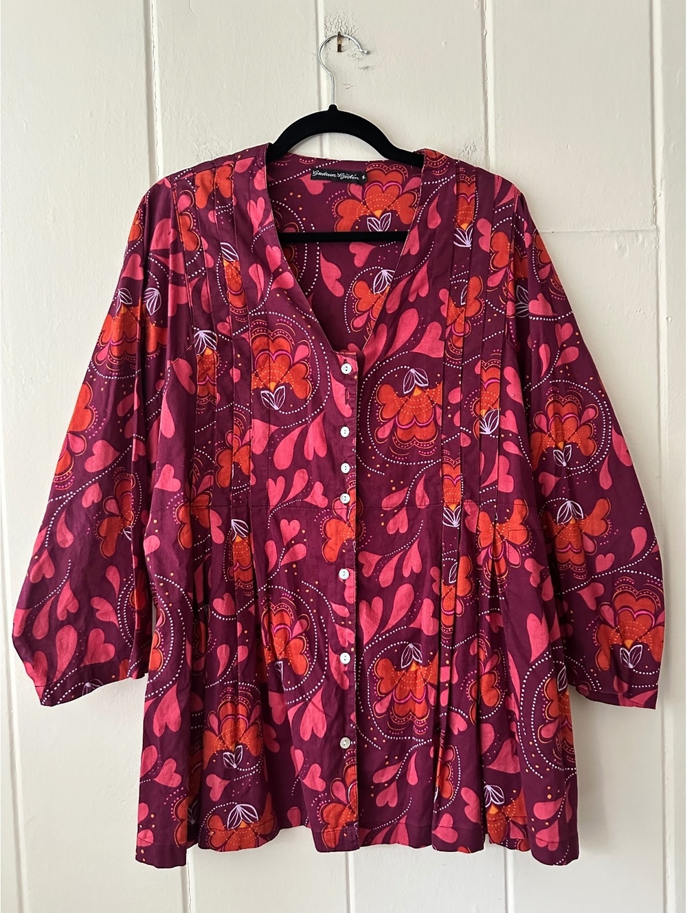 Gudrun Sjödén Organic Cotton Tunic Blouse Floral Pintuck Red Multi Hearts Sz XL